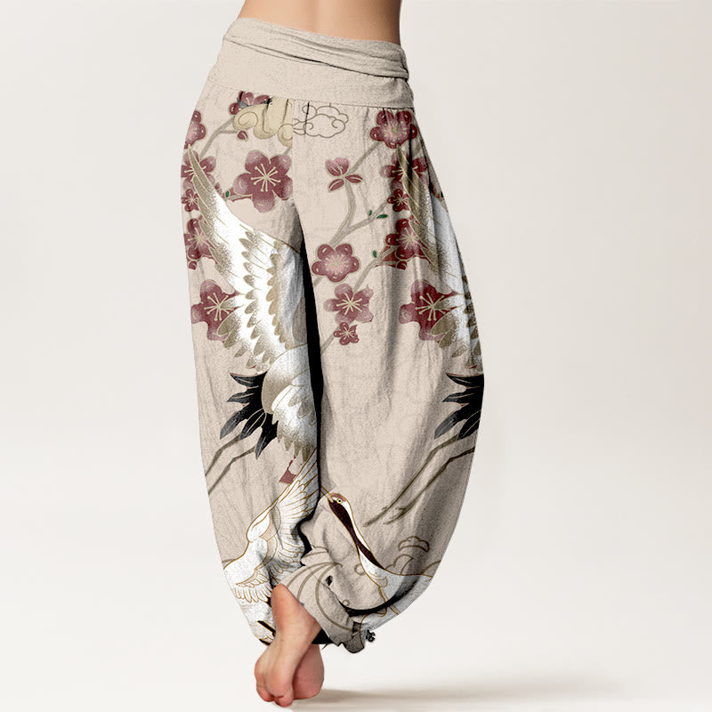 Pantaloni harem da donna con elastico in vita, in puro Buddha Stones , con gru, fiori e nuvole - image 6