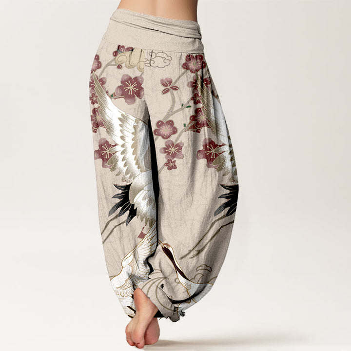 Pantaloni harem da donna con elastico in vita, in puro Buddha Stones , con gru, fiori e nuvole - image 6