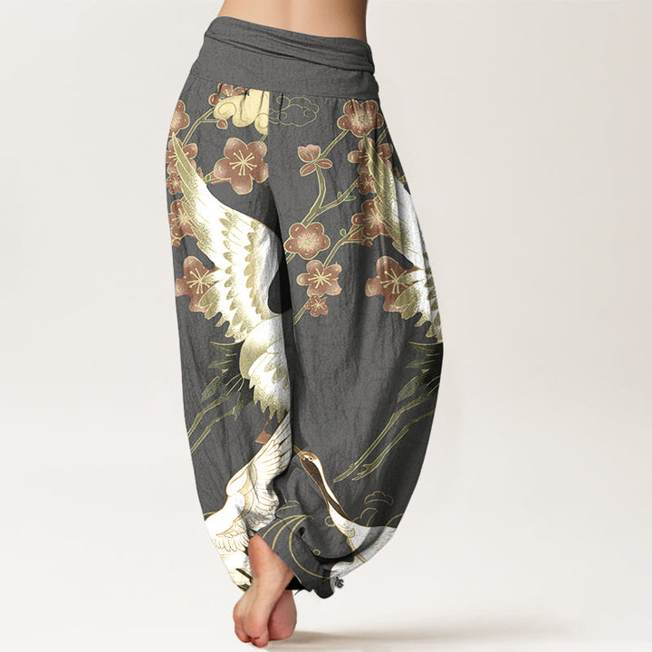 Pantaloni harem da donna con elastico in vita, in puro Buddha Stones , con gru, fiori e nuvole - image 9