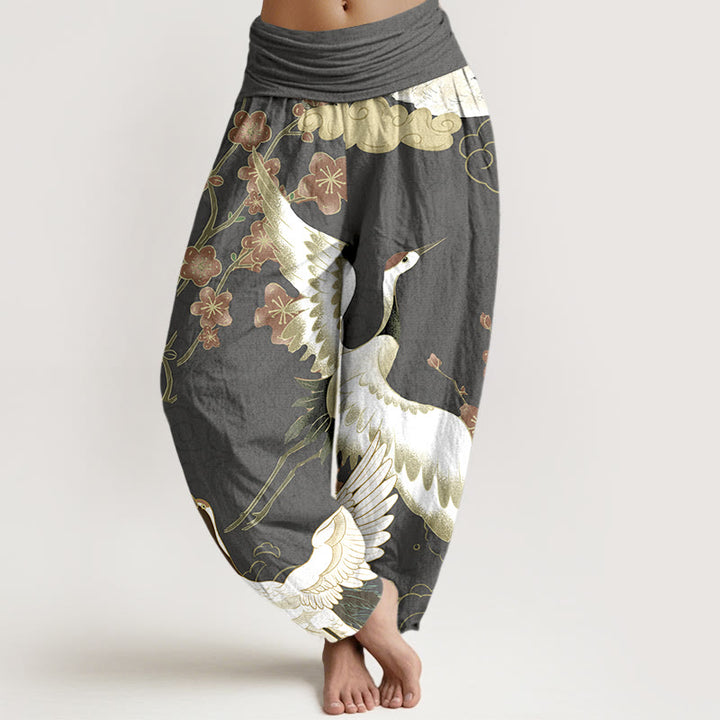 Pantaloni harem da donna con elastico in vita, in puro Buddha Stones , con gru, fiori e nuvole - Grigio scuro - US16, UK/AU20, EU48 (3XL) - image 8