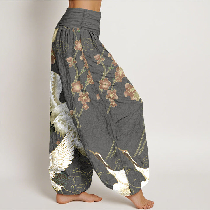 Pantaloni harem da donna con elastico in vita, in puro Buddha Stones , con gru, fiori e nuvole - image 10