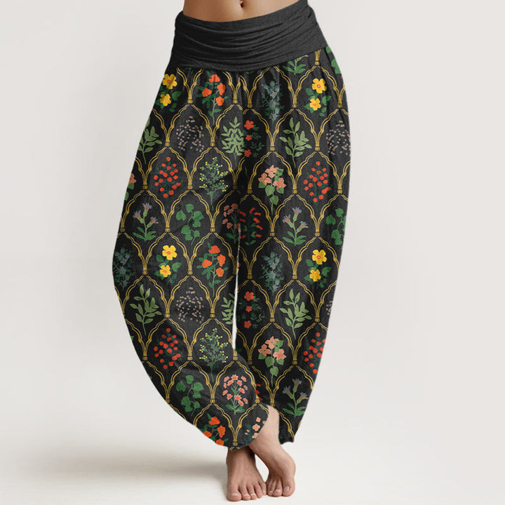 Pantaloni harem da donna con elastico in vita, motivo con fiori brillanti, Buddha Stones foglie, in puro cotone - Nero - US16, UK/AU20, EU48 (3XL) - image 0