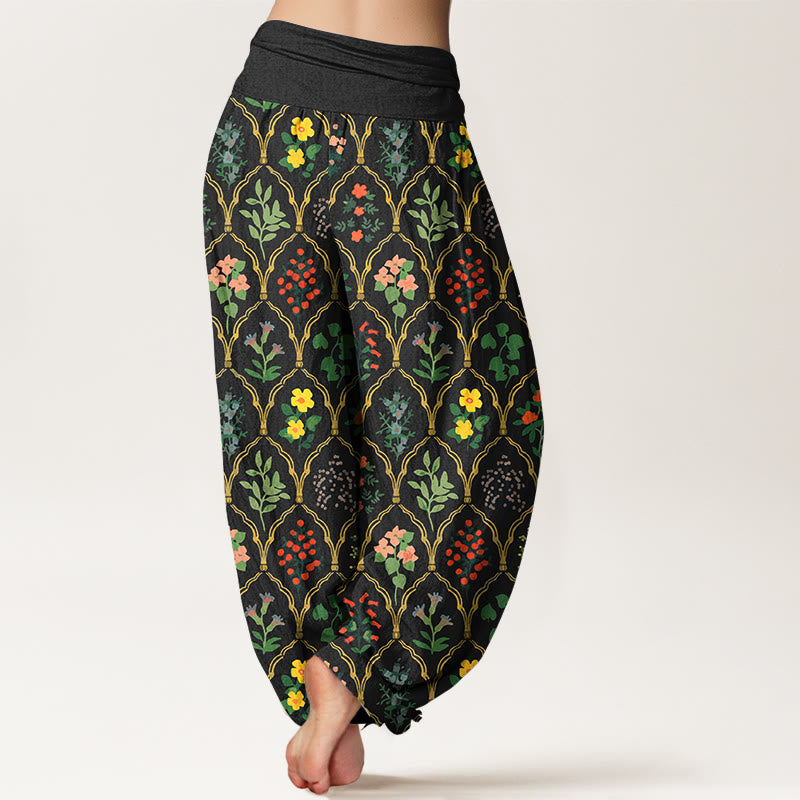 Pantaloni harem da donna con elastico in vita, motivo con fiori brillanti, Buddha Stones foglie, in puro cotone - image 1