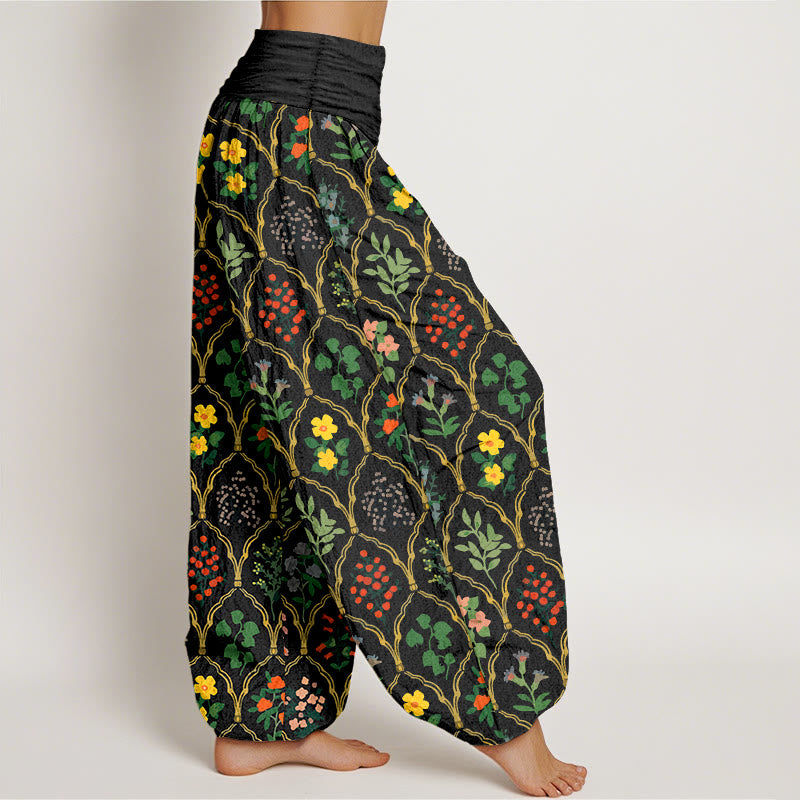 Pantaloni harem da donna con elastico in vita, motivo con fiori brillanti, Buddha Stones foglie, in puro cotone - image 2