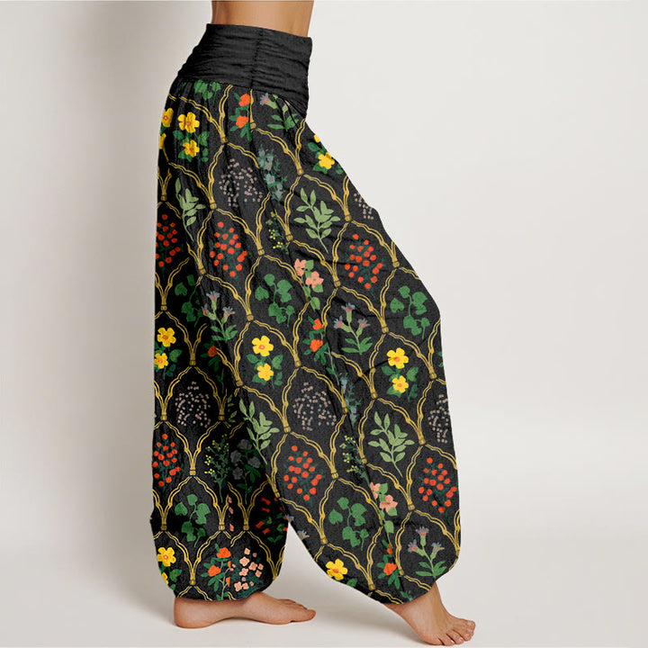 Pantaloni harem da donna con elastico in vita, motivo con fiori brillanti, Buddha Stones foglie, in puro cotone - image 2