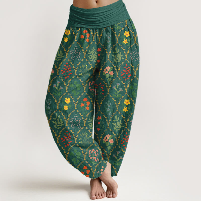 Pantaloni harem da donna con elastico in vita, motivo con fiori brillanti, Buddha Stones foglie, in puro cotone - Verde - US16, UK/AU20, EU48 (3XL) - image 5