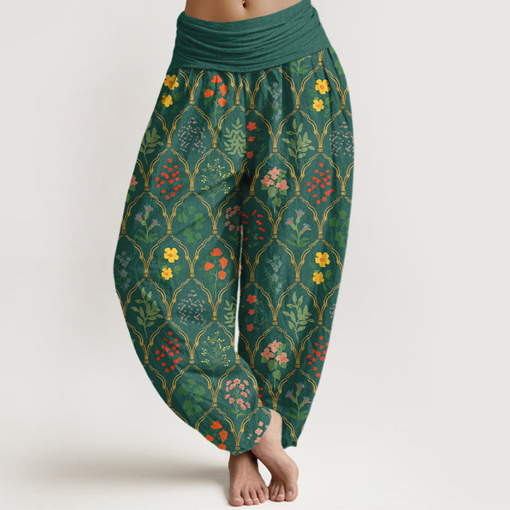 Pantaloni harem da donna con elastico in vita, motivo con fiori brillanti, Buddha Stones foglie, in puro cotone - Verde - US16, UK/AU20, EU48 (3XL) - image 5