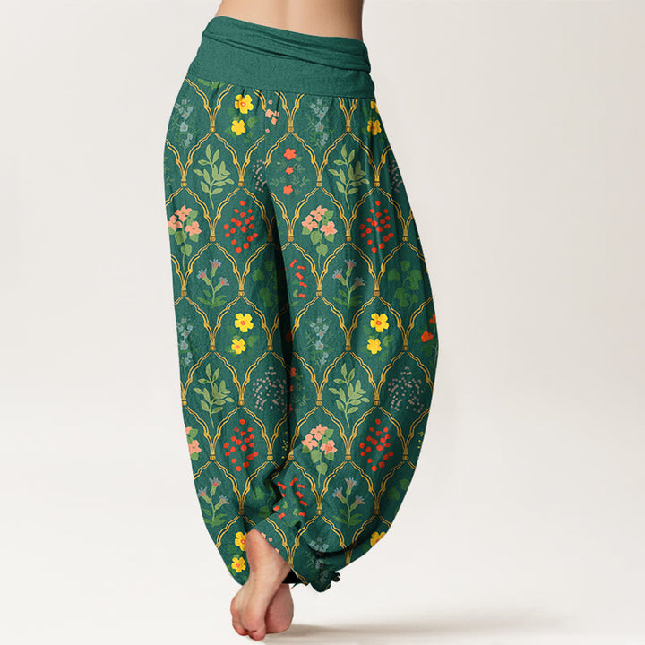 Pantaloni harem da donna con elastico in vita, motivo con fiori brillanti, Buddha Stones foglie, in puro cotone - image 6
