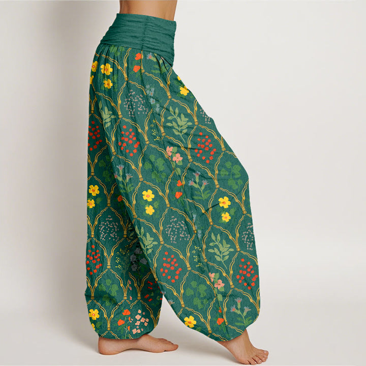 Pantaloni harem da donna con elastico in vita, motivo con fiori brillanti, Buddha Stones foglie, in puro cotone - image 7