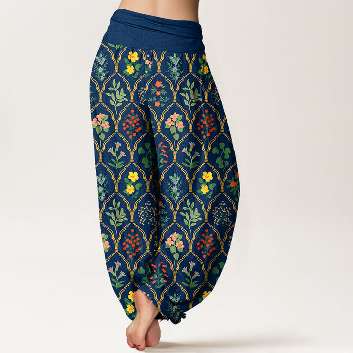 Pantaloni harem da donna con elastico in vita, motivo con fiori brillanti, Buddha Stones foglie, in puro cotone - image 9