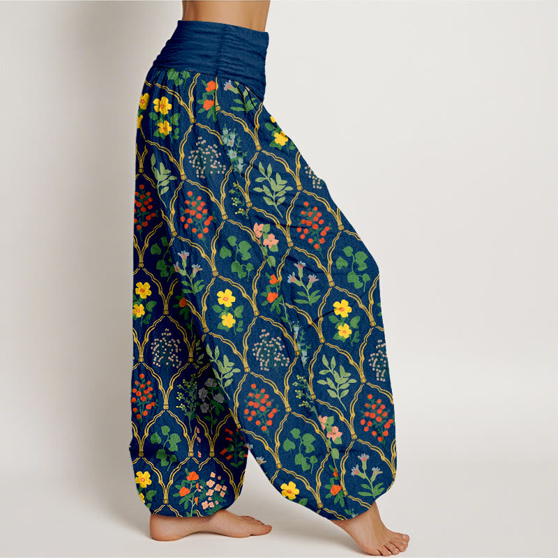 Pantaloni harem da donna con elastico in vita, motivo con fiori brillanti, Buddha Stones foglie, in puro cotone - image 10