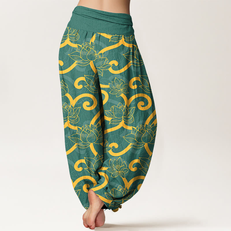 Pantaloni harem da donna con elastico in vita, in puro cotone, eleganti e splendidi, con motivo a volute di loto - image 1