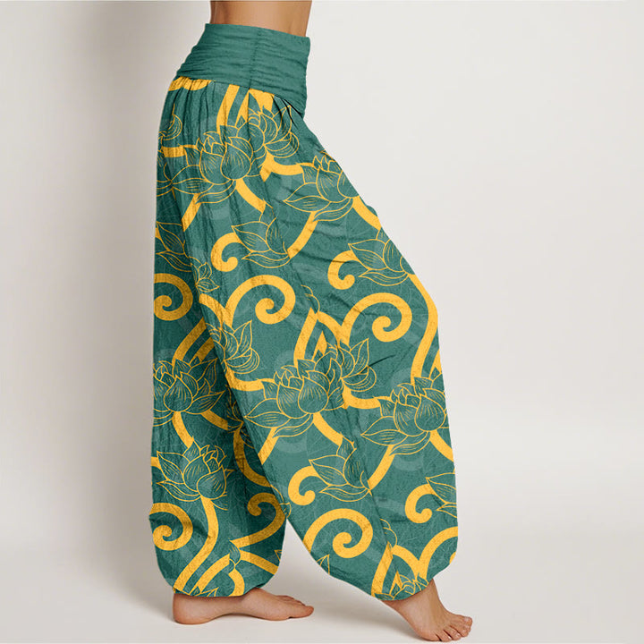 Pantaloni harem da donna con elastico in vita, in puro cotone, eleganti e splendidi, con motivo a volute di loto - image 2