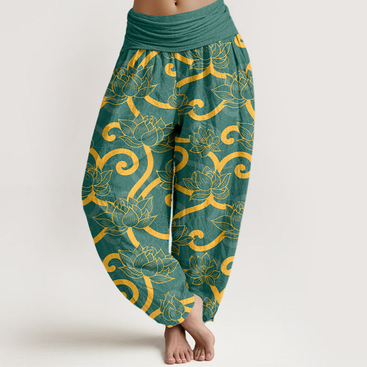Pantaloni harem da donna con elastico in vita, in puro cotone, eleganti e splendidi, con motivo a volute di loto - Verde - US16, UK/AU20, EU48 (3XL) - image 0