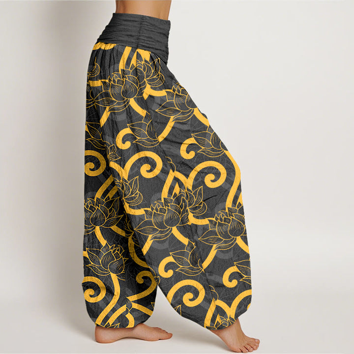 Pantaloni harem da donna con elastico in vita, in puro cotone, eleganti e splendidi, con motivo a volute di loto - image 7