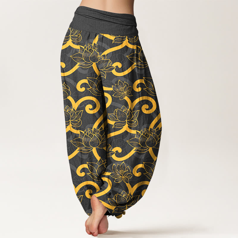 Pantaloni harem da donna con elastico in vita, in puro cotone, eleganti e splendidi, con motivo a volute di loto - image 6