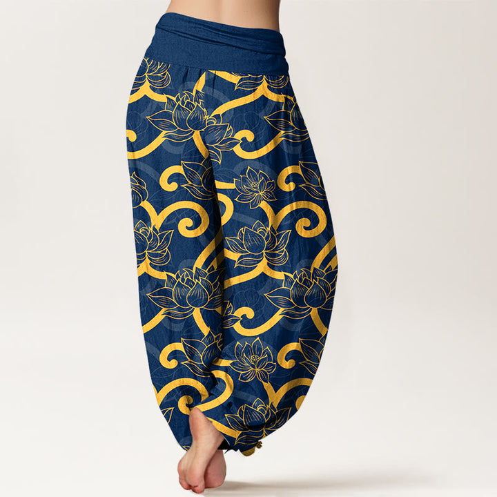 Pantaloni harem da donna con elastico in vita, in puro cotone, eleganti e splendidi, con motivo a volute di loto - image 9