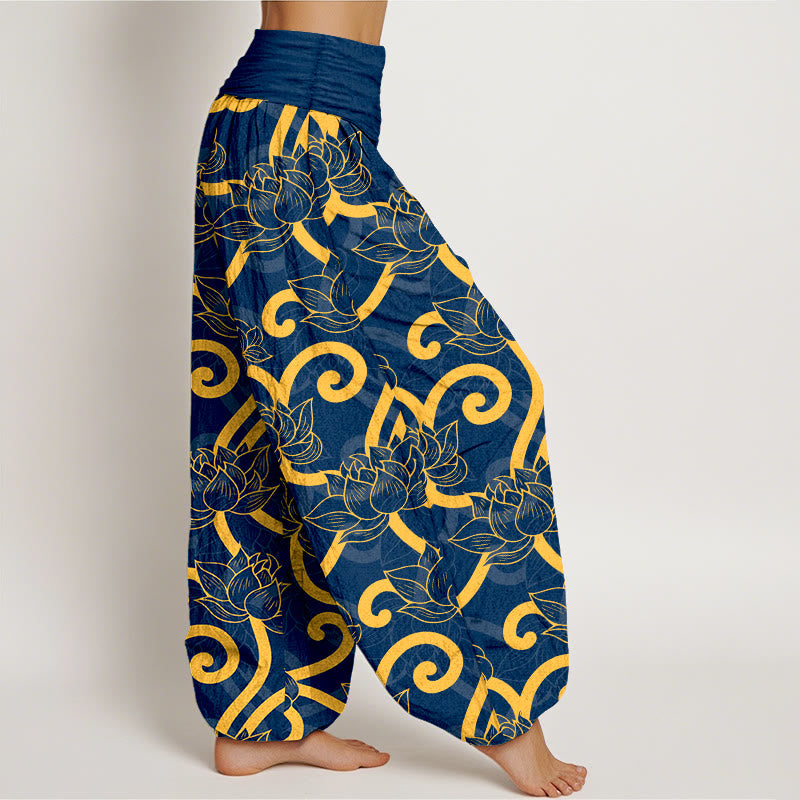 Pantaloni harem da donna con elastico in vita, in puro cotone, eleganti e splendidi, con motivo a volute di loto - image 10