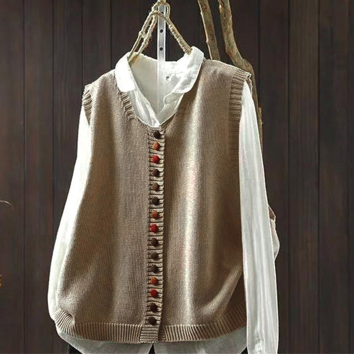 Gilet da donna in maglia di cotone senza maniche con bottoni colorati Buddha Stones - Tan - US4, UK/AU8, EU36-38 (F) - image 1
