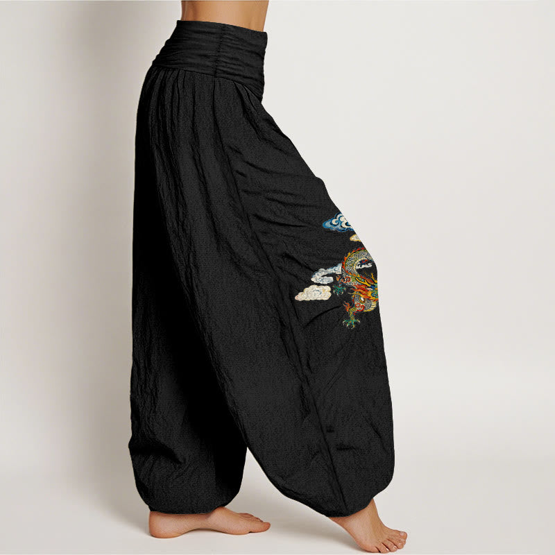 Pantaloni harem da donna con elastico in vita, in puro cotone, con motivo a nuvole e drago colorato, motivo Buddha Stones - image 2