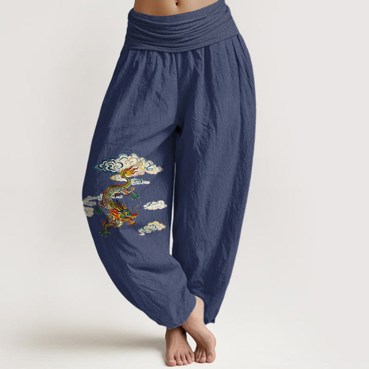 Pantaloni harem da donna con elastico in vita, in puro cotone, con motivo a nuvole e drago colorato, motivo Buddha Stones - DarkSlateBlue - US16, UK/AU20, EU48 (3XL) - image 5