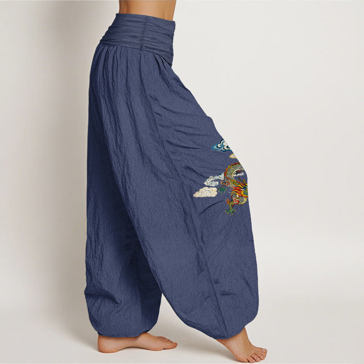Pantaloni harem da donna con elastico in vita, in puro cotone, con motivo a nuvole e drago colorato, motivo Buddha Stones - image 7