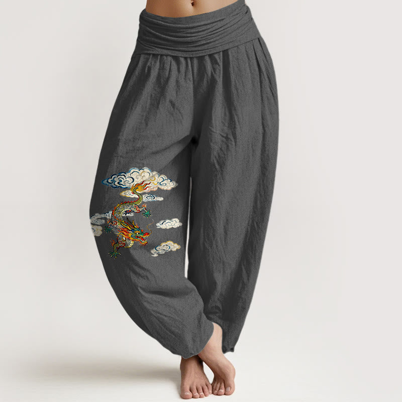 Pantaloni harem da donna con elastico in vita, in puro cotone, con motivo a nuvole e drago colorato, motivo Buddha Stones - Grigio scuro - US16, UK/AU20, EU48 (3XL) - image 8