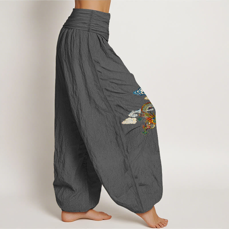 Pantaloni harem da donna con elastico in vita, in puro cotone, con motivo a nuvole e drago colorato, motivo Buddha Stones - image 10