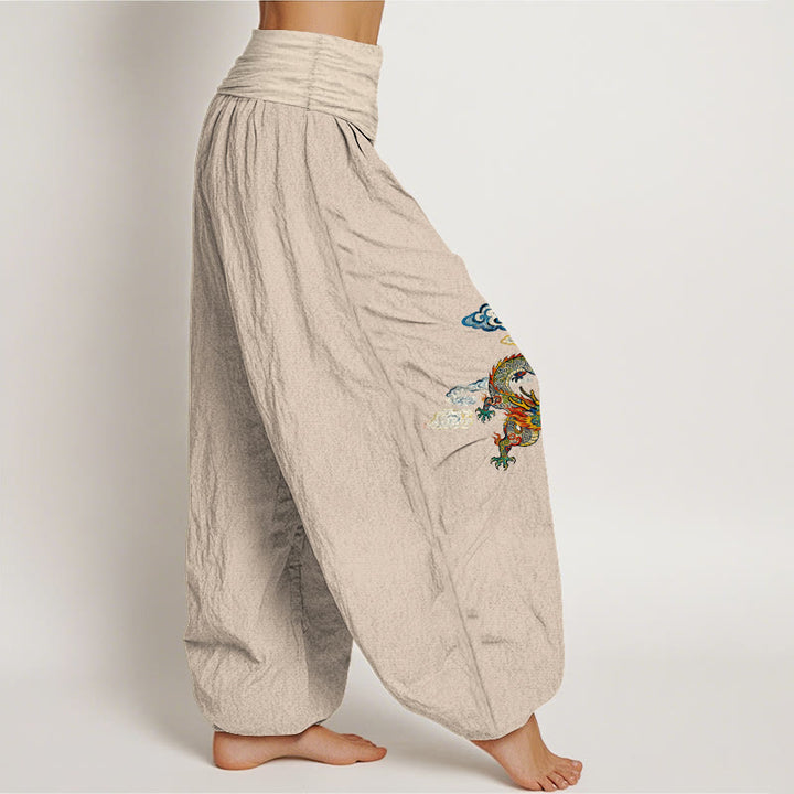 Pantaloni harem da donna con elastico in vita, in puro cotone, con motivo a nuvole e drago colorato, motivo Buddha Stones - image 13