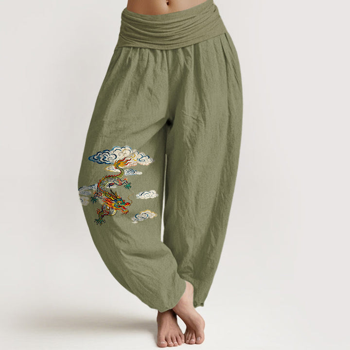 Pantaloni harem da donna con elastico in vita, in puro cotone, con motivo a nuvole e drago colorato, motivo Buddha Stones - Verde oliva - US16, UK/AU20, EU48 (3XL) - image 14
