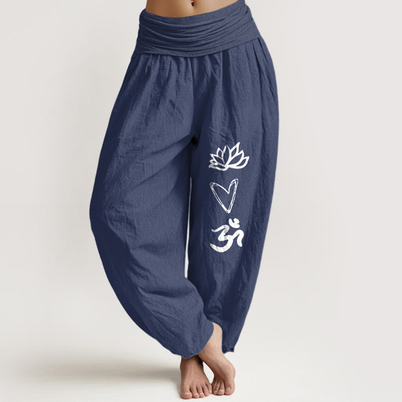 Pantaloni harem da donna con elastico in vita, in puro cotone, a forma di cuore di loto, con simbolo Om, motivo Buddha Stones - DarkSlateBlue - US16, UK/AU20, EU48 (3XL) - image 0