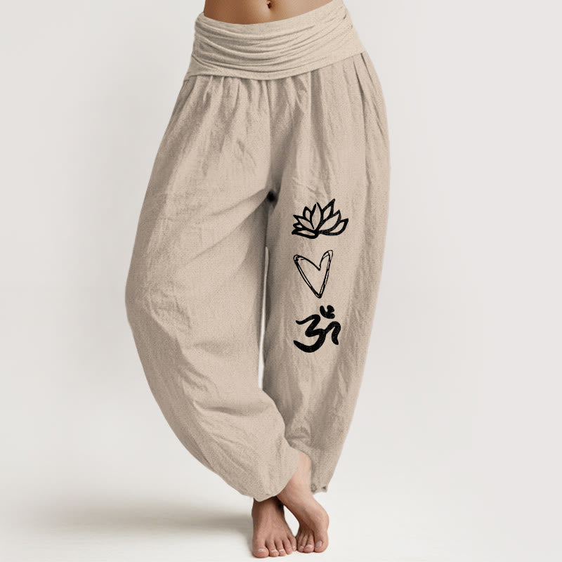 Pantaloni harem da donna con elastico in vita, in puro cotone, a forma di cuore di loto, con simbolo Om, motivo Buddha Stones - Abbronzatura - US16, UK/AU20, EU48 (3XL) - image 11