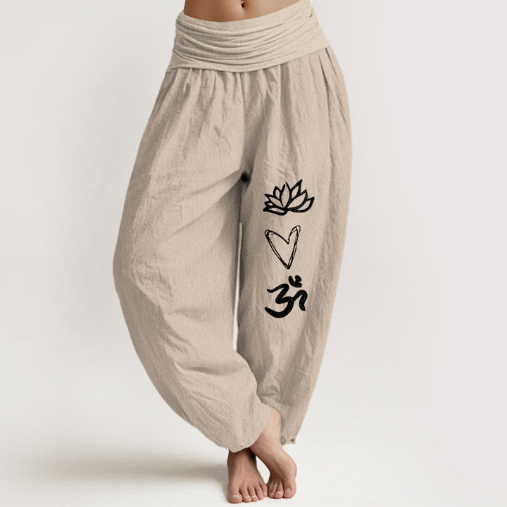 Pantaloni harem da donna con elastico in vita, in puro cotone, a forma di cuore di loto, con simbolo Om, motivo Buddha Stones - Abbronzatura - US16, UK/AU20, EU48 (3XL) - image 11