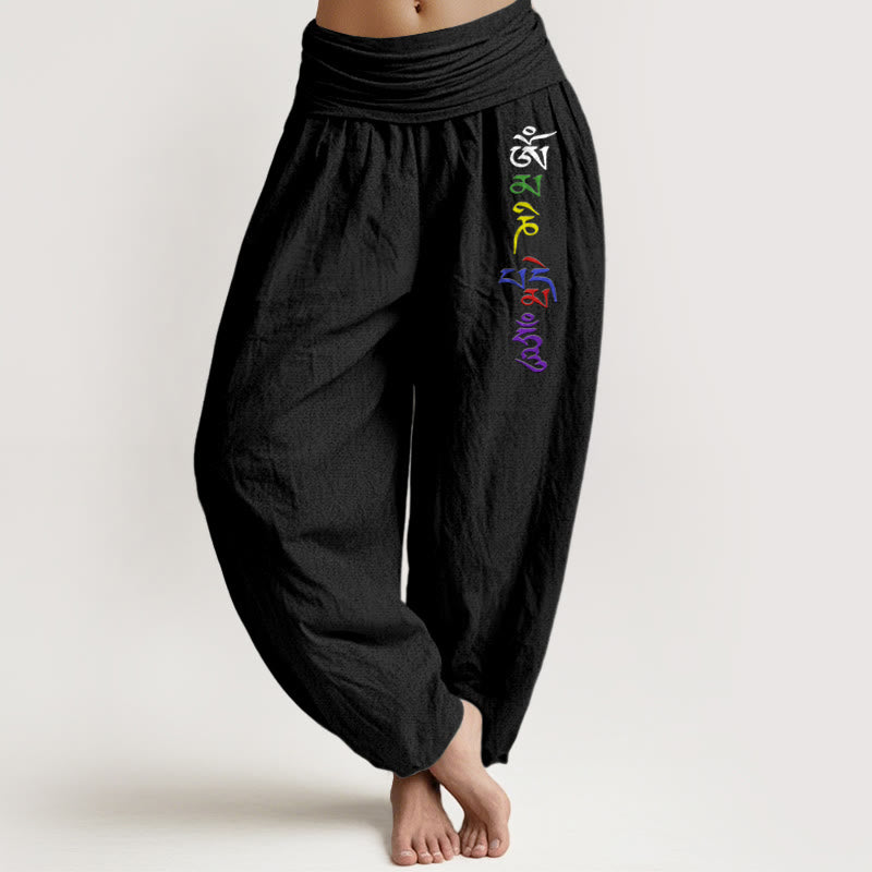 Pantaloni harem da donna in puro cotone con elastico in vita, simbolo Om e scritta tibetana, motivo Buddha Stones - Nero - US16, UK/AU20, EU48 (3XL) - image 0