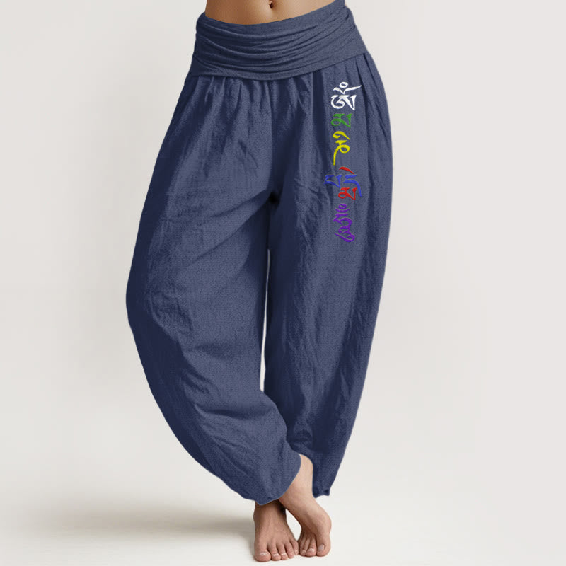 Pantaloni harem da donna in puro cotone con elastico in vita, simbolo Om e scritta tibetana, motivo Buddha Stones - DarkSlateBlue - US16, UK/AU20, EU48 (3XL) - image 5