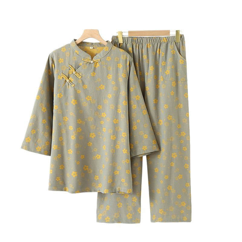 Set di 2 pezzi Buddha Stones, camicia con bottoni a rana, pantaloni e tasche a maniche lunghe con motivo floreale colorato in puro cotone  - image 4