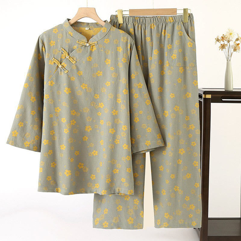 Set di 2 pezzi Buddha Stones, camicia con bottoni a rana, pantaloni e tasche a maniche lunghe con motivo floreale colorato in puro cotone  - Verde Mare Scuro - US6, UK/AU10, EU38 (XL) - image 0