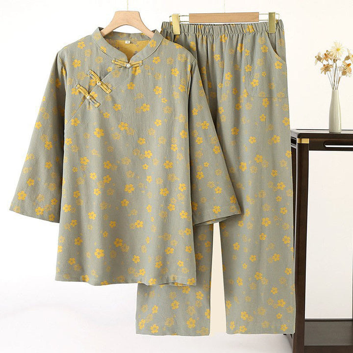Set di 2 pezzi Buddha Stones, camicia con bottoni a rana, pantaloni e tasche a maniche lunghe con motivo floreale colorato in puro cotone  - Verde Mare Scuro - US6, UK/AU10, EU38 (XL) - image 0