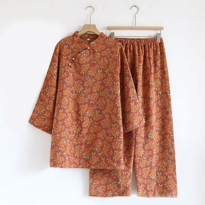 Set di 2 pezzi Buddha Stones, camicia con bottoni a rana, pantaloni e tasche a maniche lunghe con motivo floreale colorato in puro cotone  - Rosso Indiano - US6, UK/AU10, EU38 (XL) - image 19