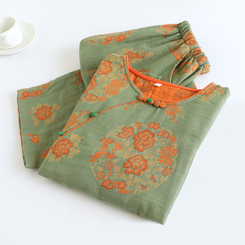 Set di 2 pezzi in cotone con motivo floreale, scollo rotondo, camicia con bottoni, pantaloni e tasche, con maniche lunghe e tasche Buddha Stones  - image 1