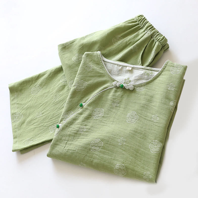 Set di 2 pezzi in cotone con motivo floreale, scollo rotondo, camicia con bottoni, pantaloni e tasche, con maniche lunghe e tasche Buddha Stones  - image 5