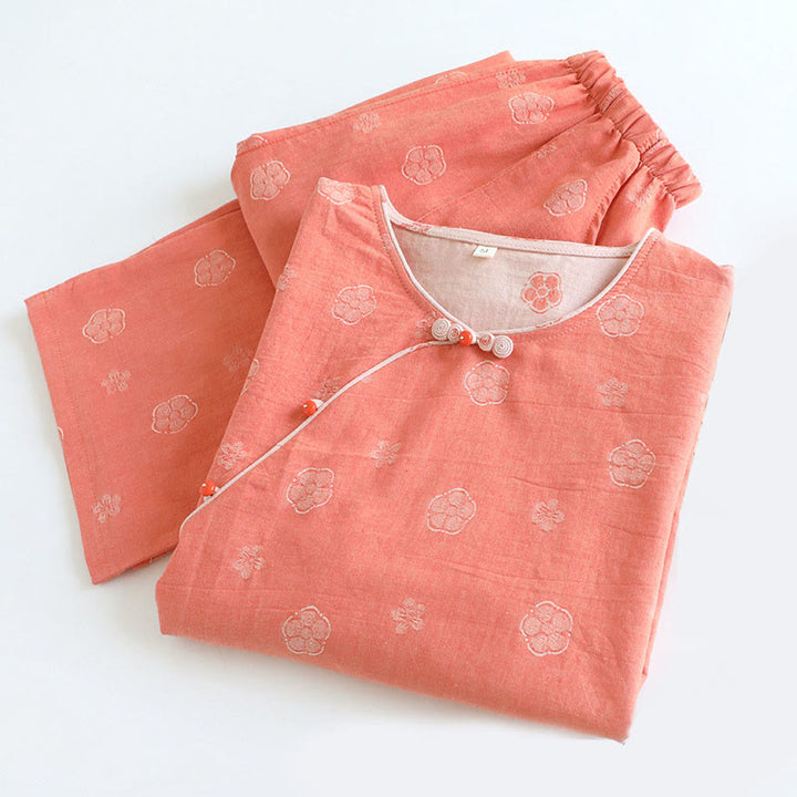 Set di 2 pezzi in cotone con motivo floreale, scollo rotondo, camicia con bottoni, pantaloni e tasche, con maniche lunghe e tasche Buddha Stones  - image 3