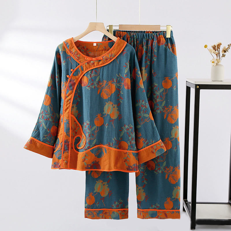Set di 2 pezzi in patchwork Buddha Stones , camicia con bottoni a rana, pantaloni e tasche in puro cotone  - Motivo a frutta SteelBlue - US6, UK/AU10, EU38 (XL) - image 3
