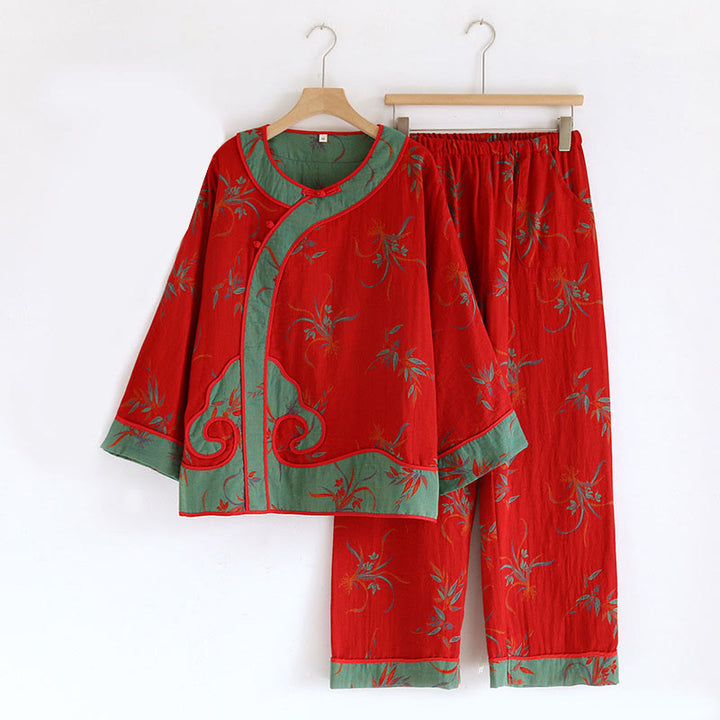 Set di 2 pezzi in patchwork Buddha Stones , camicia con bottoni a rana, pantaloni e tasche in puro cotone  - Motivo orchidea rossa - US6, UK/AU10, EU38 (XL) - image 0