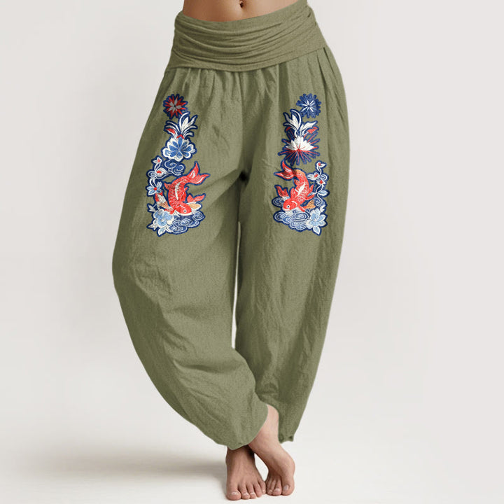 Pantaloni harem da donna con elastico in vita, in puro cotone, con motivo floreale a pesci koi, motivo Buddha Stones - Verde oliva - US16, UK/AU20, EU48 (3XL) - image 0