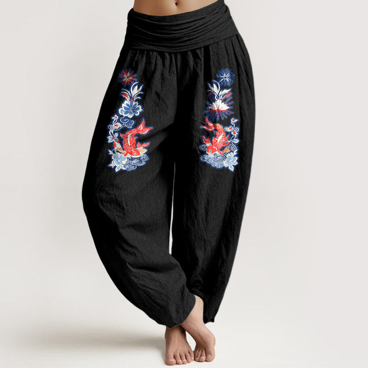 Pantaloni harem da donna con elastico in vita, in puro cotone, con motivo floreale a pesci koi, motivo Buddha Stones - Nero - US16, UK/AU20, EU48 (3XL) - image 5
