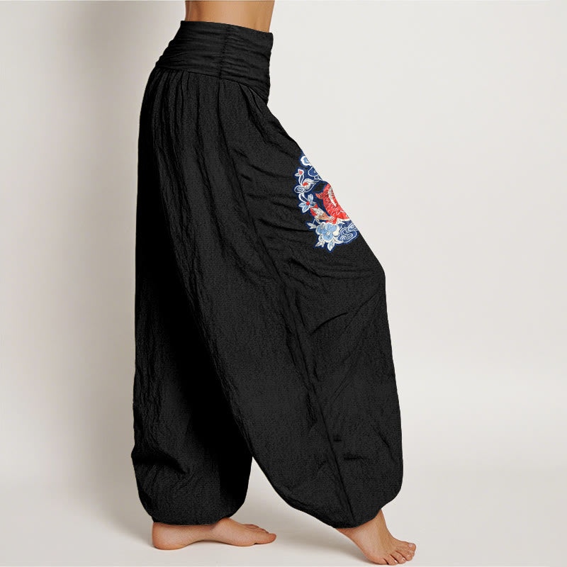 Pantaloni harem da donna con elastico in vita, in puro cotone, con motivo floreale a pesci koi, motivo Buddha Stones - image 7