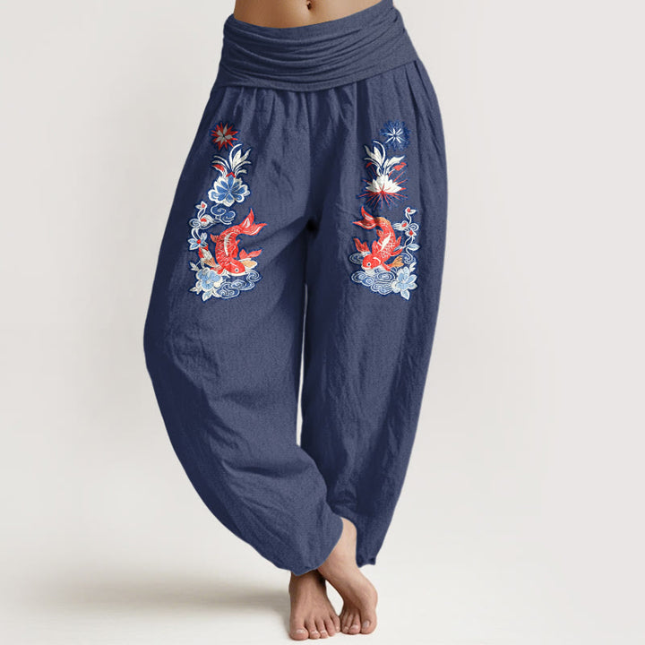 Pantaloni harem da donna con elastico in vita, in puro cotone, con motivo floreale a pesci koi, motivo Buddha Stones - Blu ardesia scuro - US16, UK/AU20, EU48 (3XL) - image 8