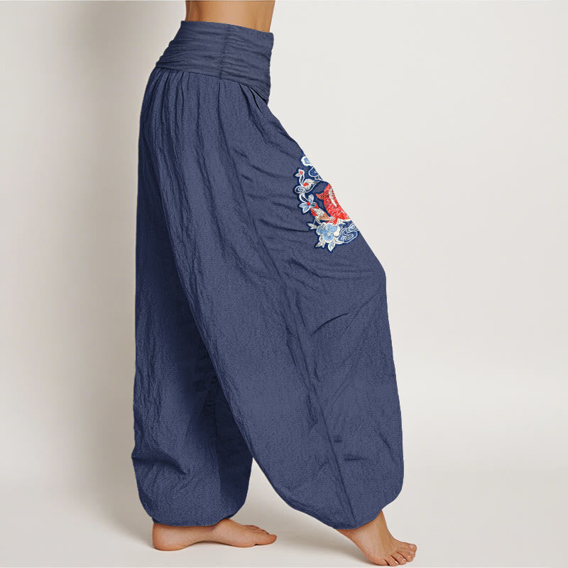 Pantaloni harem da donna con elastico in vita, in puro cotone, con motivo floreale a pesci koi, motivo Buddha Stones - image 10