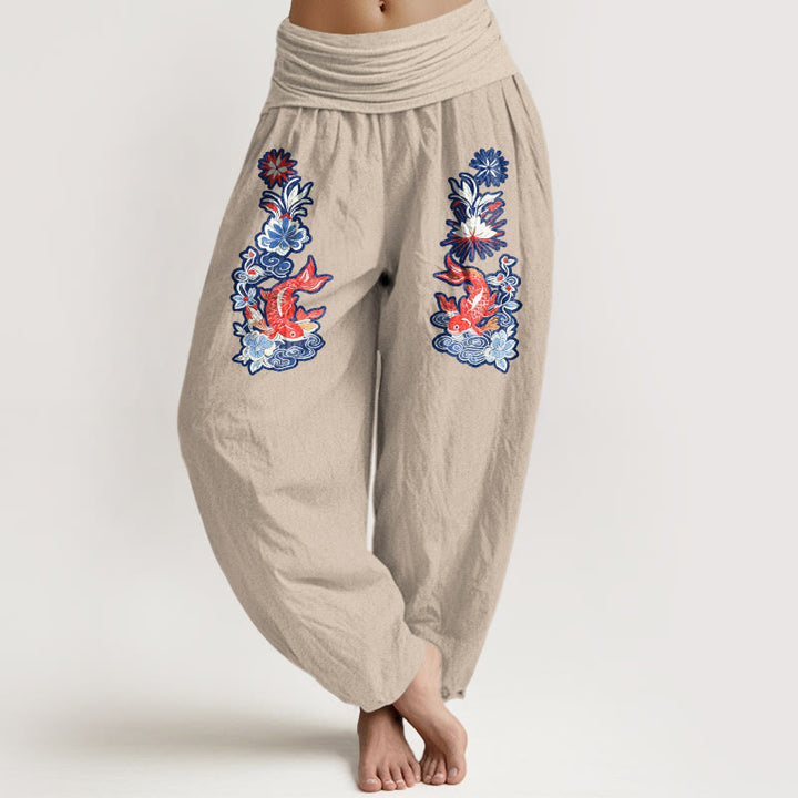 Pantaloni harem da donna con elastico in vita, in puro cotone, con motivo floreale a pesci koi, motivo Buddha Stones - Abbronzatura - US16, UK/AU20, EU48 (3XL) - image 14
